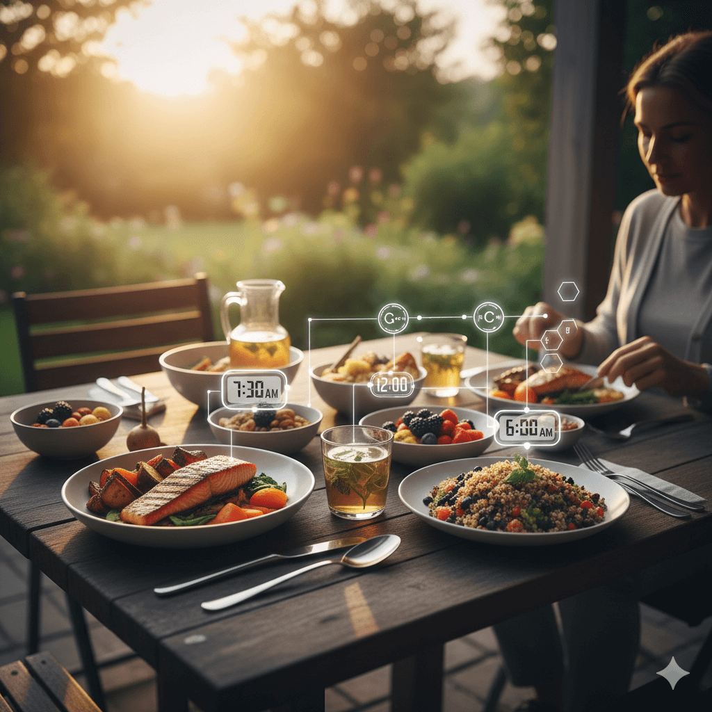 Healthy meals arranged around a clock representing circadian eating windows