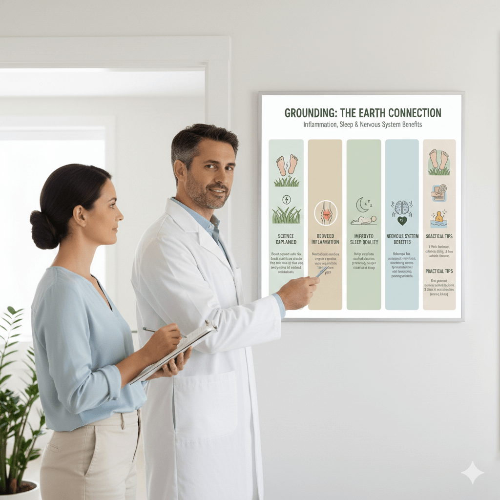 Person walking barefoot on grass practicing grounding